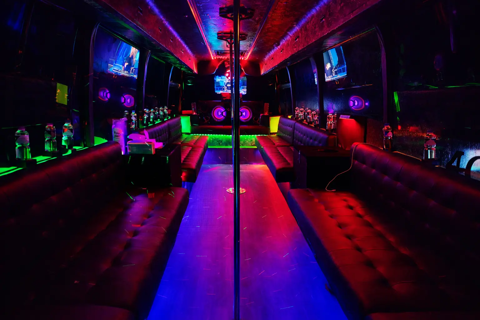 Interior view of the Red Dragon Party Bus in Manila showing full layout, LED lighting, and accents