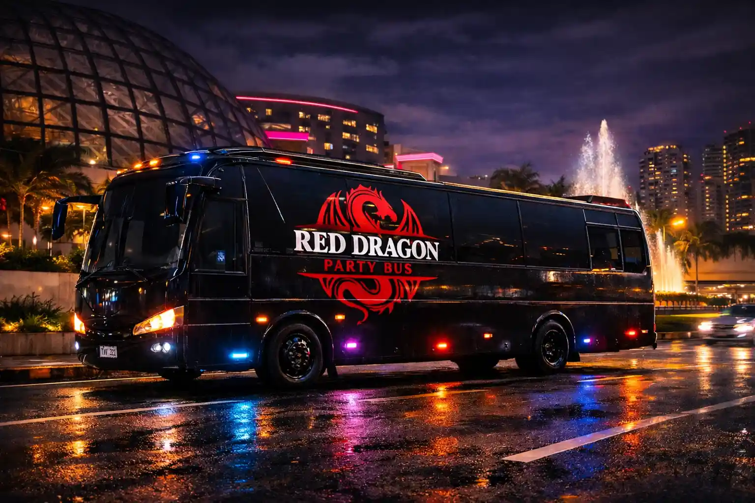 Red Dragon Party Bus route planning image showing Metro Manila nightlife routes and city travel