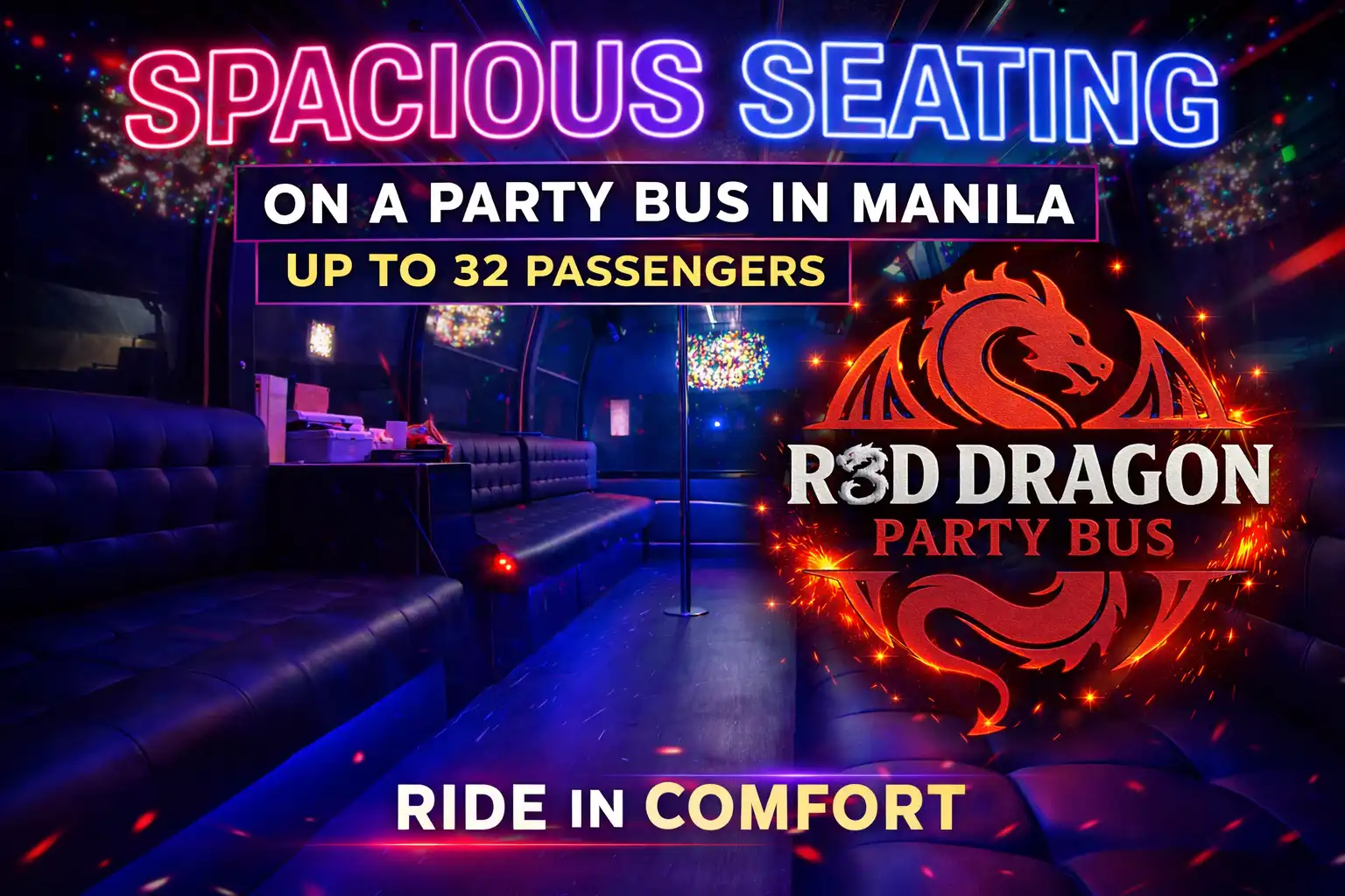 Spacious seating on a party bus in Manila