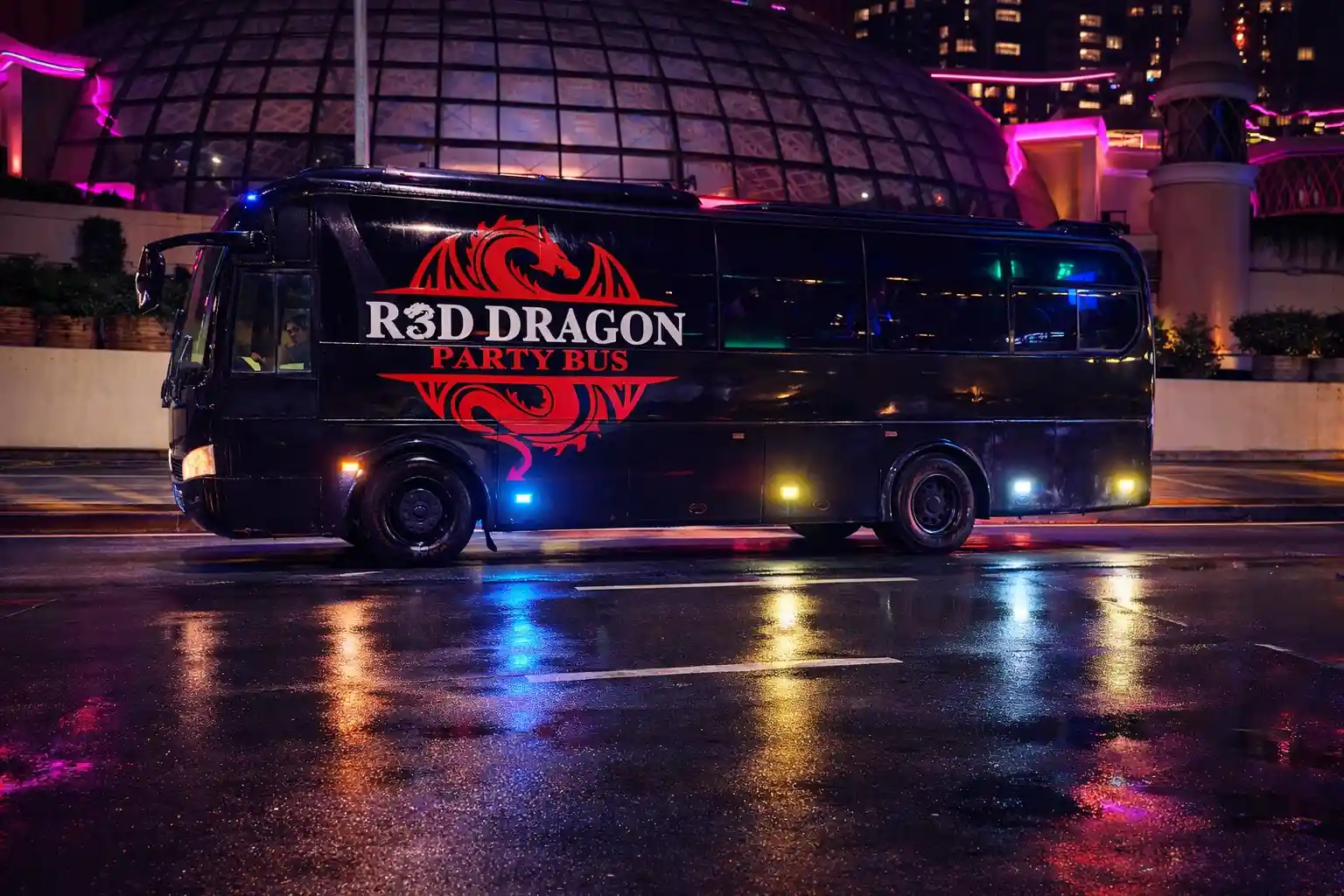 Red Dragon Party Bus in Manila showing full exterior side view with custom design
