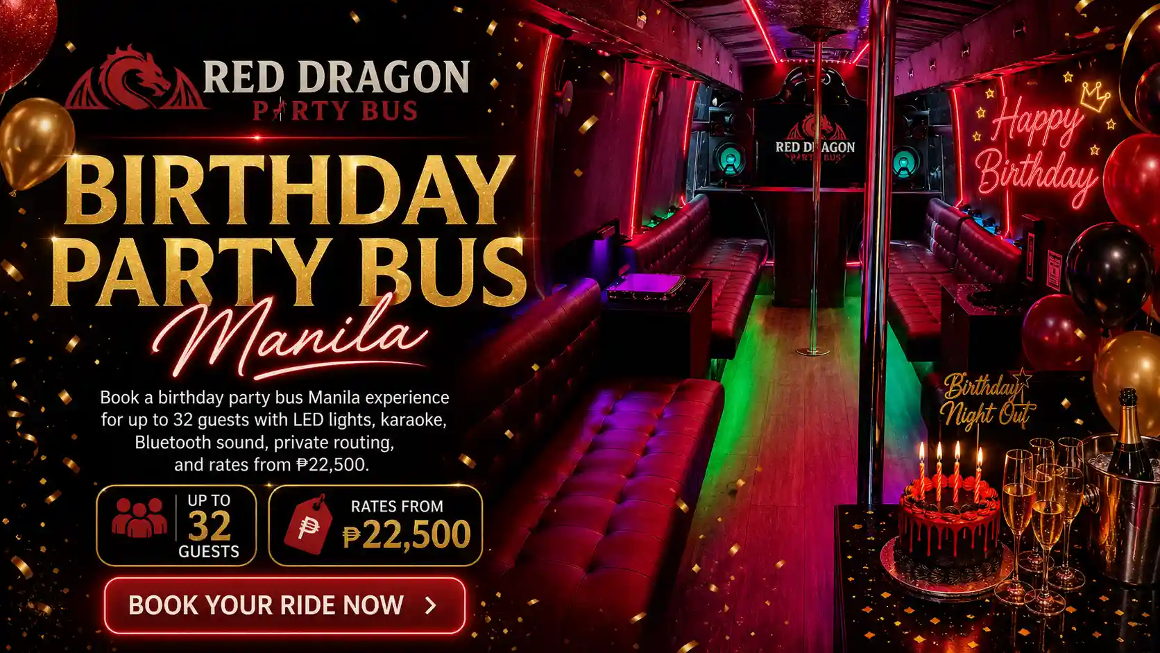 Birthday party bus Manila VIP interior with LED lighting